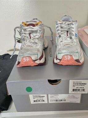 Balenciaga Runner White Sneakers with Coral, Teal & Burgundy Accents